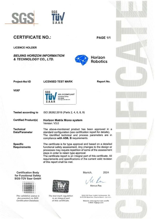SGS为地平线Matrix Mono System颁发ISO 26262产品认证证书