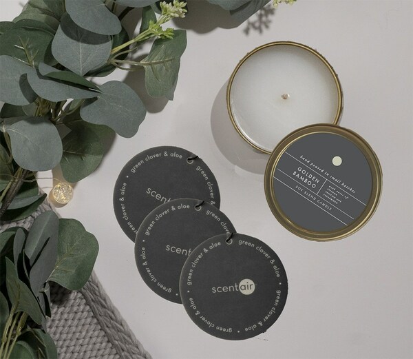 ScentAir UK's new tin candles and auto fragrances come in the fragrances Golden Bamboo, Green Clover & Aloe, and White Tea &Thyme.
