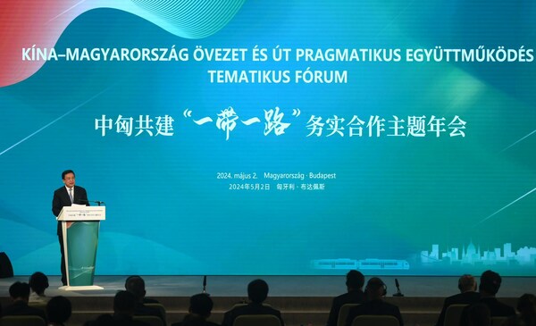 President of Xinhua News Agency Fu Hua addresses a conference focused on cooperation between China and Hungary under the Belt and Road Initiative (BRI) framework in Budapest, Hungary, on May 2, 2024. (Xinhua/He Canling)
