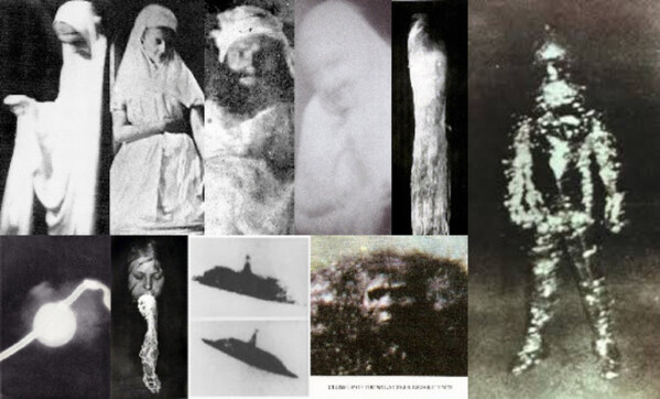 This montage shows some of the photos shown in the article providing evidence of 'paranormal phenomena,' as detailed in previous blog posts readily available online at metaphysicalarticles.org. These examples document seance materialization phenomena; UFOs with a similar appearance witnessed in Oregon, USA (1950) and Rouen, France (1954); a 'bigfoot' photo taken in 1995 in western Washington state; and one of four instant Polaroid photos taken of a 'space robot' (1973) by an Alabama policeman.