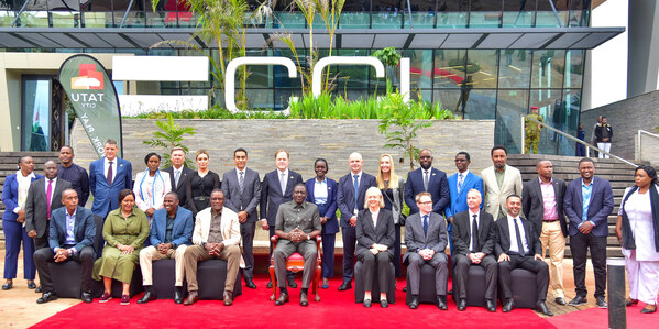 H.E. The President of Kenya, Dr. William S. Ruto (bottom centre), at the commissioning of the CCI Tatu City Call Centre. The new five-story building inside Tatu City represents a US$ 50 million investment into the Kenyan Business Process Outsourcing (BPO) industry. The state-of-the-art facility is Kenya’s largest call centre which promises to invigorate the nation’s economy by creating over 10,000 jobs. Also in attendance were leaders from business and government, including US Ambassador Meg Whitman; Rishi Jatania, CEO of CCI Kenya; Stephen Jennings, Founder & CEO of Rendeavour; Martin Roe, CEO of CCI Global; and Greg Pearson, CEO and co-founder of GREA (credit: Rendeavour)
