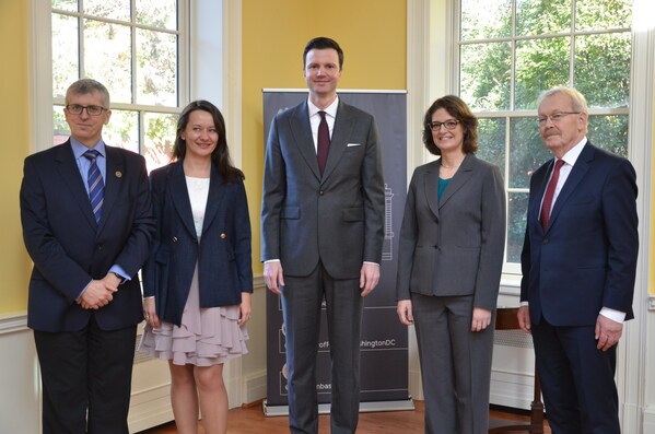 Photo of NCCN CEO Crystal S. Denlinger, MD, with oncology experts at the Polish Embassy, November 2021.