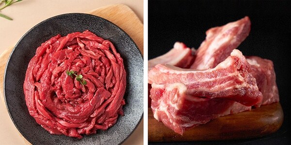 左：冷鲜进口牛肉丝 ； 右：冷鲜黑猪肋排