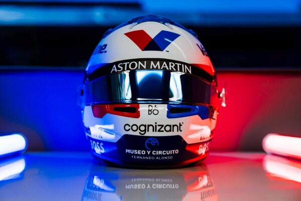 Aston Martin Aramco's driver Fernando Alonso's helmet for the Monaco Grand Prix, featuring the Valvoline Global takeover.