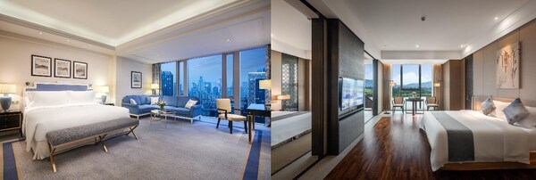 左图：杭州豪华精选家庭双卧连通房，右图：舟山玫瑰园湖景/海景家庭房