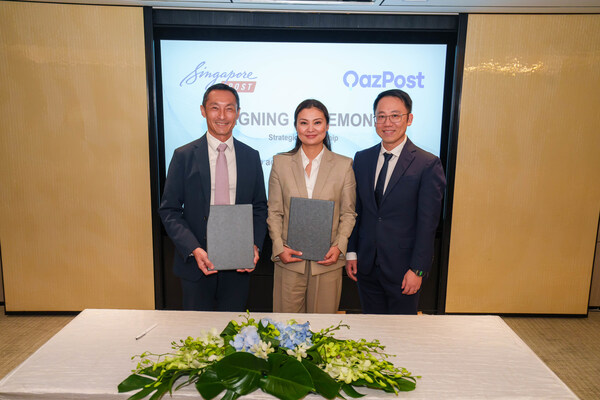 SingPost and Qazpost sign strategic cooperation agreement aimed at boosting eCommerce and logistics, and bolster development in both countries. From Left to Right: Vincent Phang, Group CEO, Singpost, Asel Zhanassova, Chairman of the Board of JSC «QazPost», and Li Yu, CEO, International, SingPost. (Photo Credit: SingPost)