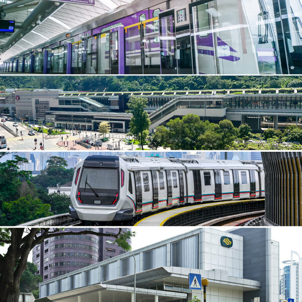 在亚洲区，AECOM近期参与的重大铁路及轨道交通项目包括香港沙中线、泰国曼谷地铁紫线、马来西亚巴生谷捷运及新加坡汤申东岸线第三期（由上至下）。