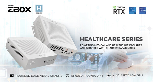 ZOTAC's Healthcare series, powered with an NVIDIA RTX Ada Generation professional GPU and up to an Intel Core i9 processor in an all-white enclosure and EN60601-1 certification. (ZBOX H39R5000W / ZBOX H37R3500W)
