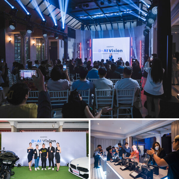 Three images from the DDPAI Launch Event in Bangkok: an indoor presentation with an audience, a group posing with a car and motorcycle, and attendees viewing product displays.