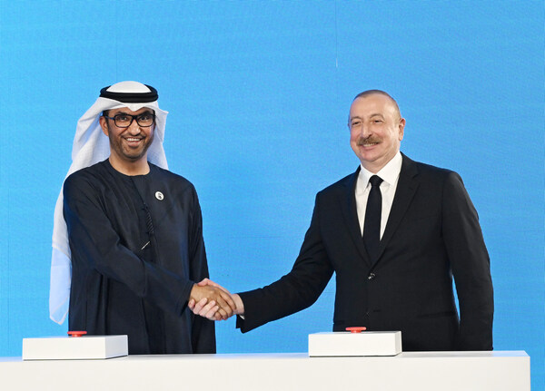 HE Dr Sultan Al Jaber UAE Minister of Industry and Advanced Technology Chairman of Masdar and COP28 President; HE Ilham Aliyev President of Azerbaijan