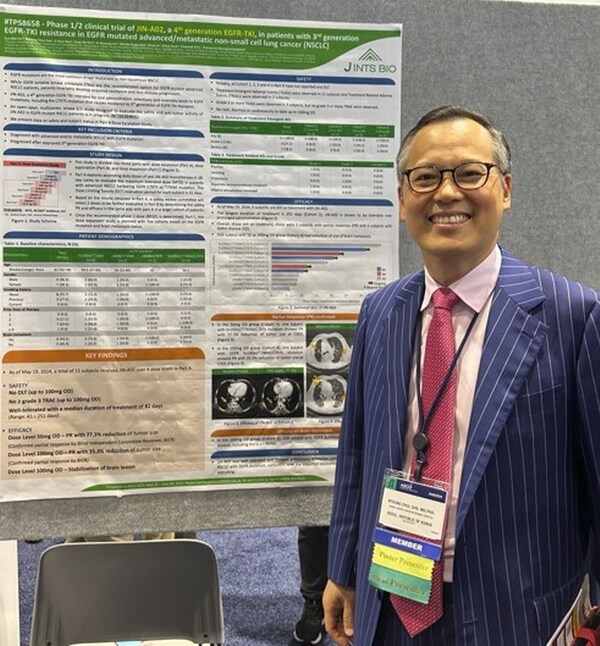 Professor Cho, Byoung Chul posing with the JIN-A02 poster at the 2024 ASCO Chicago USA
