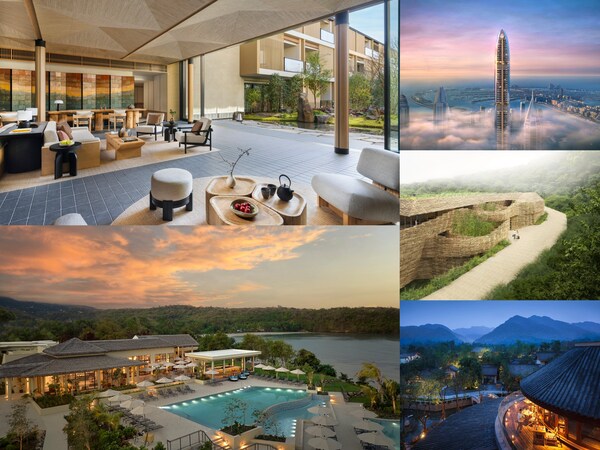 圖片從左至右順時鐘依次為：京都六善酒店、Six Senses Residences Dubai Marina、WUMA六善知本溫泉酒店、青城山六善酒店、格林納達拉薩格瑟六善酒店