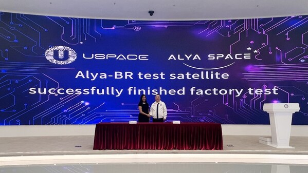 On 12 June, Mr. Sun Fengquan, Chairman and CEO of USPACE, together with Ms. Aila, Chairwoman of Alya Space, jointly presided over the departure-from-production-line ceremony for the first test satellite of Alya-1 Satellite Constellation. (PRNewsfoto/USPACE Technology Group Limited)