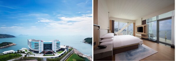 從左至右：珠海東澳島萬豪度假酒店外觀、東澳之鉆套房