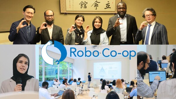 Top: Robo Co-op's CEO and Refugee Members meet with Senior Members& of& RSIF.
Bottom: Robo Co-op's refugee members lead an AI training session for& UNHCR& Japan.