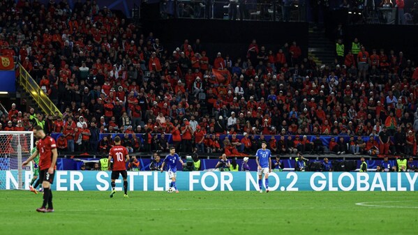 Hisense`s "NEVER SETTLE FOR NO.2 GLOBALLY" slogan on the LED board in UEFA EURO 2024™