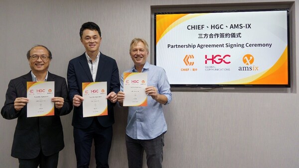 From Left to Right: Johnny Liu, President of Chief Telecom; Daniel Wang, Assistant Vice President, Taiwan, International Business of HGC; Onno Bos, International Partnership Director of AMS-IX (PRNewsfoto/HGC Global Communications Limited (HGC))