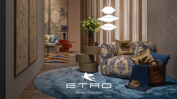 Etro Home Interiors，2024 年米兰国际家具展
新系列，Cushy 扶手椅 - Tiered 矮桌 - Silence 落地灯