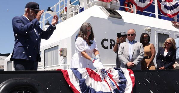 Vice Chairwoman Christine Crowley of Crowley Corporation carries out the christening of eWolf, the first U.S. all-electric, zero-emission tug, on June 25, 2024, in San Diego.