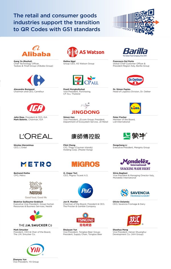 22家跨國巨企領袖共同簽署全球聯合聲明，呼籲全球商家採用加入GS1標準的QR碼，旨在革新消費者體驗。