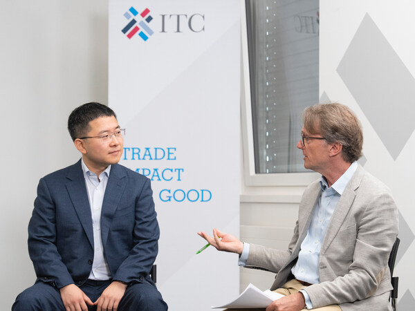 Kuo Zhang (left), President of Alibaba.com, stresses the importance of including MSMEs from underdeveloped countries in the AI era, in a session moderated by James Howe (right), Head of Digital Connectivity at ITC, held in celebration of MSME Day.
