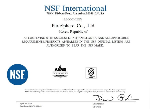 PureSphere's water purification filter PureCarbon Filter M has earned the NSF 42/372 certification from NSF.