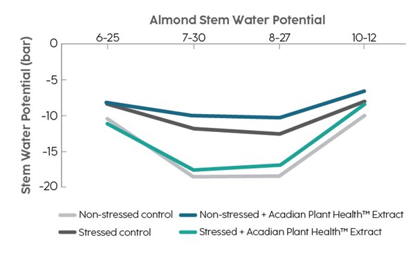Results show almonds treated with Acadian biostimulants with improved Stem Water Potential in both stressed and non-stressed situations.