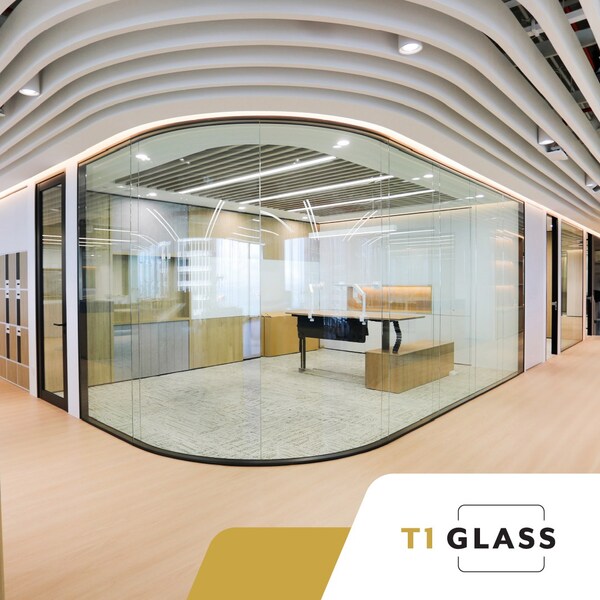 Introducing T1 Glass Systems' innovative curved partition, seamlessly blending modern design with superior functionality