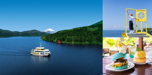 Left: In the Lake Ashi of Hakone area, the new sightseeing boat “Hakone Yusen SORAKAZE” is themed as “The Green Park Floating on Lake Ashi”. Top right: Various lemon-themed photo spots are available throughout “PICA Hatsushima”. Bottom right: Enjoy various lemon-themed dishes at the island restaurant ENAK in “PICA Hatsushima”.