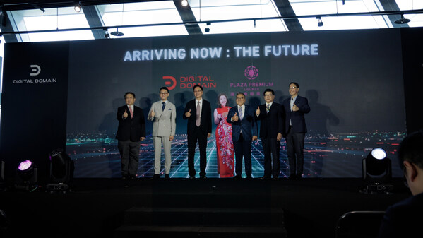 Digital Domain held "The Next Frontier in Travel" press conference at Taoyuan International Airport. (From left) Mr. Chen Libai, the Founder and Chairman of ADATA Technology Co., Ltd ; Mr. Daniel Seah, Digital Domain CEO; Mr. Chang San-Cheng, Taoyuan City Mayor; Virtual Human Teresa Teng; Mr. Song Hoi See, Plaza Premium Group Founder and CEO; Mr. Yang Weifuu, Taoyuan International Airport Corporation Ltd. Chairman; and Mr. Henry Hooi, Digital Domain Senior Consultant. (PRNewsfoto/Digital Domain Holdings Limited)
