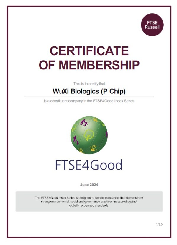 WuXi Biologics Named Constituent of the FTSE4Good Index Series