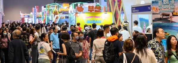 A section of the front row of ITE 2024 across five halls, which packed with visitors and specially designed pavilions by international destinations from various continents, roughly a quarter of one kilometer long.