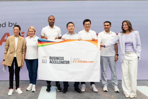 From left to right: Michelle Lau, Managing Director, Alibaba.com, France; Emma Terhoe, Chair of the IOC Athletes' Commission; Tony Parker, former Olympian athlete and Alibaba.com ambassador; Kuo Zhang, President, Alibaba.com; Chris Tung, President, Strategic Development Department, Alibaba Group; Kaveh Mehrabi, Director of the Athletes' Department at the International Olympic Committee; Simona Galik-Moore, former professional tennis player and Alibaba.com ambassador