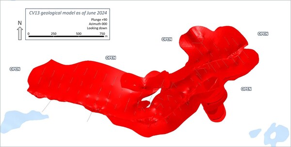 Figure 19: Plan view of CV13 Spodumene Pegmatite geological model – all lenses. (CNW Group/Patriot Battery Metals Inc.)