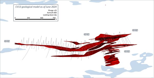 Figure 20: Inclined view of CV13 Spodumene Pegmatite geological model looking down dip (25°) – all lenses (not to scale). (CNW Group/Patriot Battery Metals Inc.)