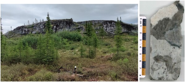 Figure 30: Principal spodumene pegmatite body outcropping at CV5 with drill hole CF21-001 in forefront (left); typical mineralization from drill core at CV5 (right). (CNW Group/Patriot Battery Metals Inc.)