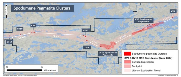 Figure 33: Spodumene pegmatite clusters at the Property discovered to date. (CNW Group/Patriot Battery Metals Inc.)