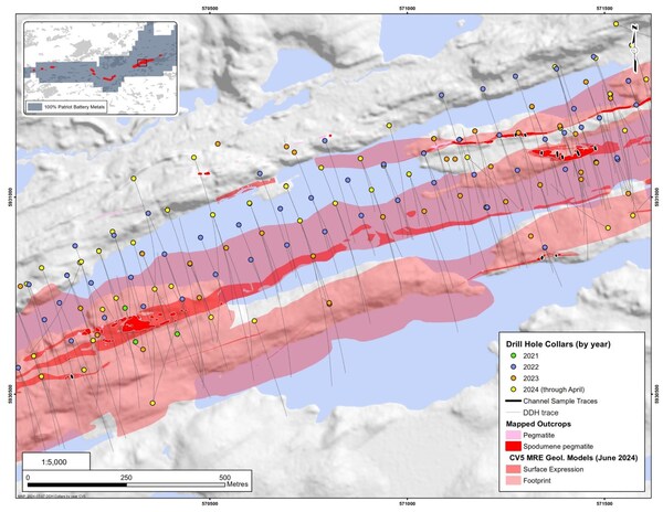 Figure 35: Channel locations at the CV5 Spodumene Pegmatite included in the MRE. (CNW Group/Patriot Battery Metals Inc.)