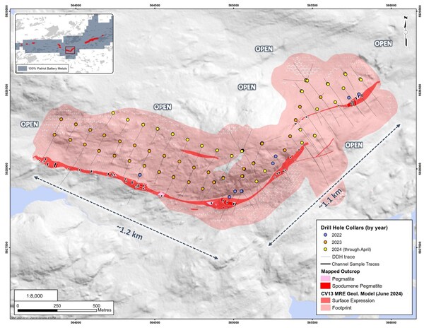 Figure 36: Diamond drill hole and channel locations at the CV13 Spodumene Pegmatite, which form the basis of the MRE. (CNW Group/Patriot Battery Metals Inc.)