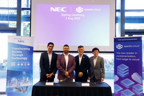 From left to right: Saad Malik, CTO & Co-founder, Spectro Cloud; Kyle Goodwin, VP of Global Sales, Spectro Cloud; Job Chan, Head of RHQ Managed Services, Vice President, NEC Asia Pacific; Walter Lee, Head/Snr Director, Regional Strategy & Planning, Managed Services Regional Hub, NEC Asia Pacific