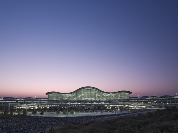 business new tamfitronics Zayed International Airport in the sunset