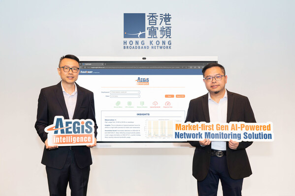 香港寬頻企業方案推出全港首個 AI支援的網絡監察方案Aegis Intelligence，助客戶改善網絡基建並預防網絡問題。左起：香港寬頻持股管理人兼企業方案科技總裁及銷售工程副總裁葉智文、香港寬頻持股管理人及企業方案高級副總裁—方案及服務交付管理周健雲