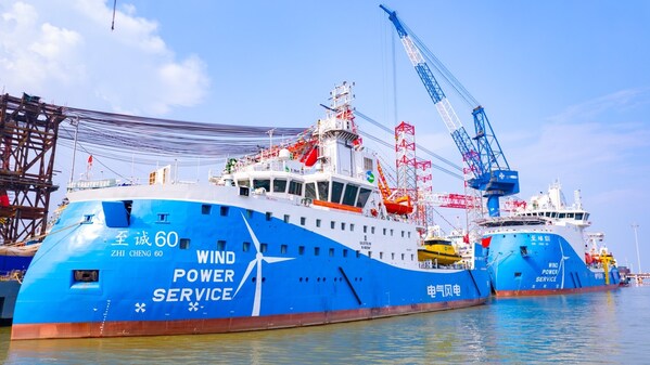 The active wave compensation trestle equipped on the two wind power operation and maintenance motherships, Asia’s first wind power SOVs delivered, jointly developed by Shanghai Electric and Shanghai Zhenhua Heavy Industries has broken through a technical bottleneck. (PRNewsfoto/Shanghai Electric)