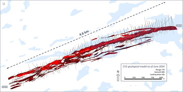 Figure 18: Inclined View of CV5 Spodumene Pegmatite Geological Model Looking Down 
Dip (70°) – All Lenses (not to scale) (CNW Group/Patriot Battery Metals Inc.)