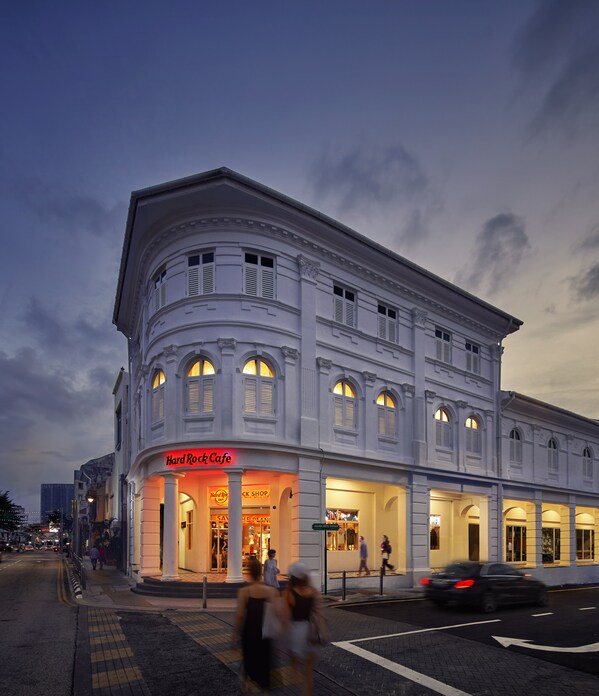 The facade of Rock Shop George Town, Penang in the evening.