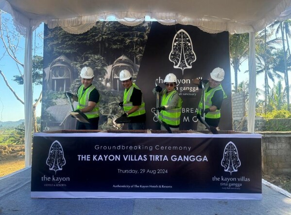 The Kayon Villas Tirta Gangga Groundbreaking Ceremony on Thursday, August 29, 2024 with Putu Suryawan, Farah Palupi and Riyan Nathan as the owners of The Kayon Hotels and Resorts alongside I Wayan Sucitra, CEO of The Kayon Hotels and Resorts.