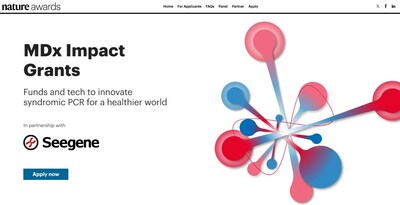 Seegeneとシュプリンガーネイチャーが共同で実施する診断アッセイ開発の世界的なオープンコールプロジェクト『Nature Awards MDx Impact Grants』のウェブサイトページ
