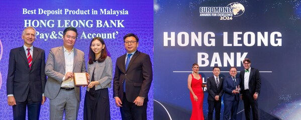 Left: Galvin Yeo, HLB’s General Manager of Deposits & Digital [2nd from left] and Yaw Yi Xuan, Assistant Manager of Acquisition & Portfolio - Deposits [2nd from right] receiving the Best Deposit Product in Malaysia award from The Asian Banker. Right: Woon Siew Hoong, HLB’s Head of SME Banking [2nd from right] and Daniel Mun, HLB’s Head of Business Transformation - SME [2nd from left] receiving the Best SME Bank in Malaysia award at the Euromoney Awards for Excellence 2024