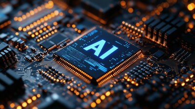 AI logo on a chip, with blue light glowing against a dark.