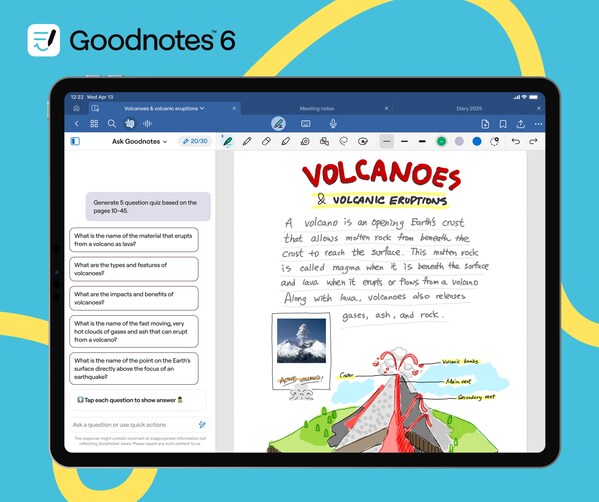 Ask Goodnotes enables users to ask questions, get summaries, clarify concepts, and generate interactive quizzes based on their personal notes and documents. (PRNewsfoto/Goodnotes Limited)